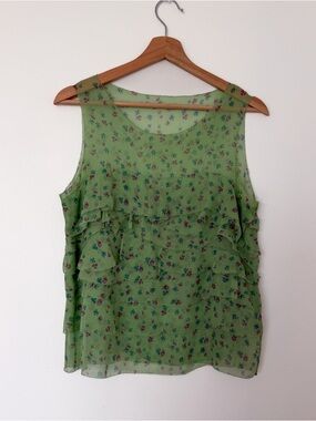100% Silk Ruffled Dainty Lightweight Green  Summer Tank Top